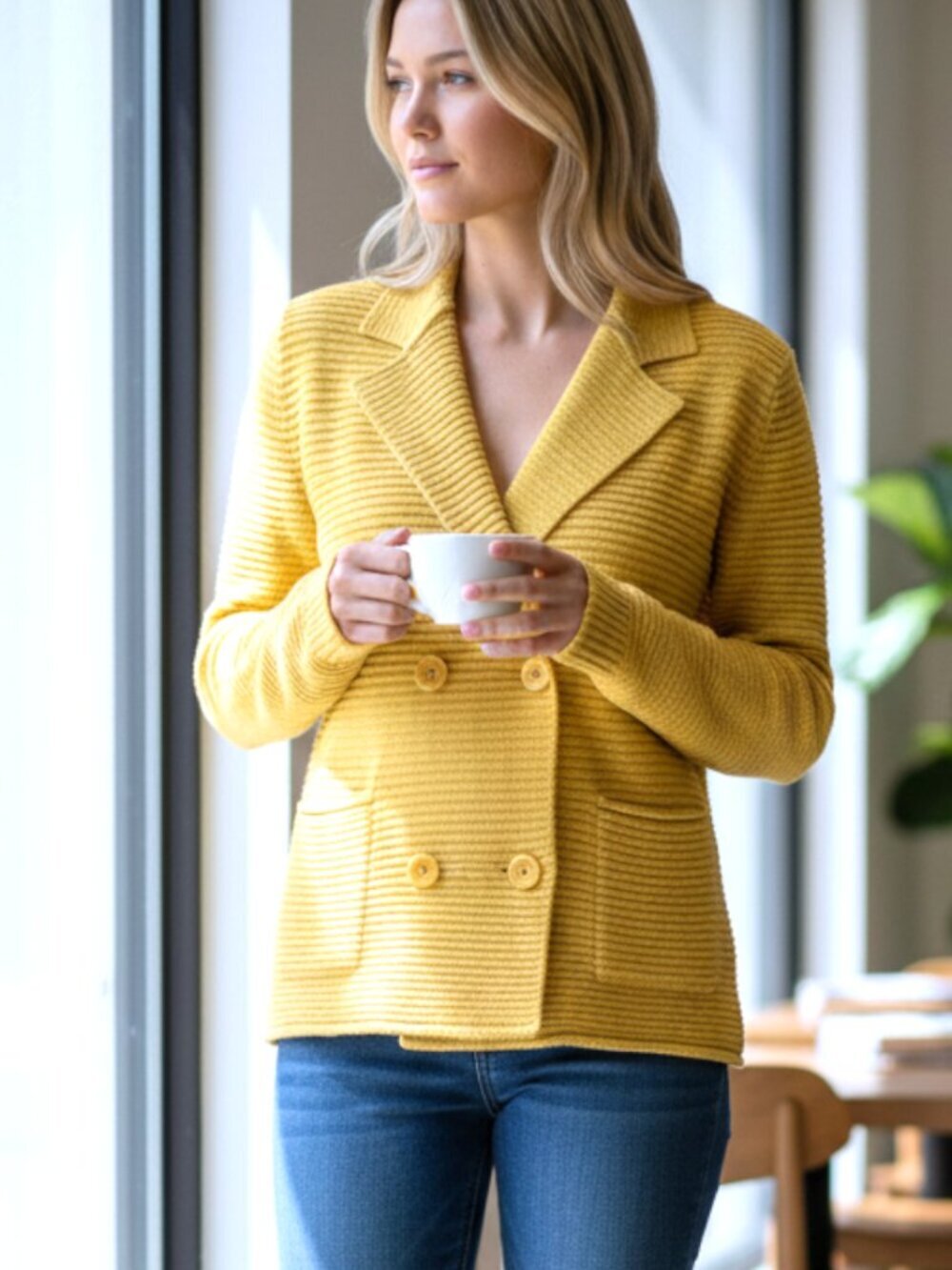 Victor Alfaro Yellow Gold Knit Blazer Cardigan Jacket Double Breasted S